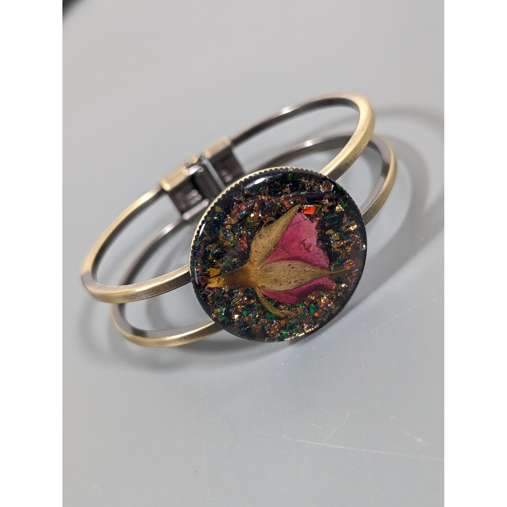 Resin Pressed Flower Bracelet‎ Pink Floral Hinge Cuff Bangle 6.5